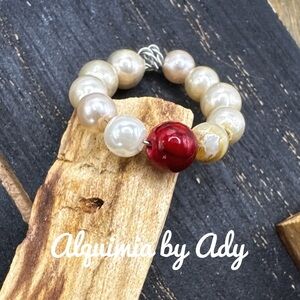 Gemstone and pearl beaded dainty handmade ring band boho